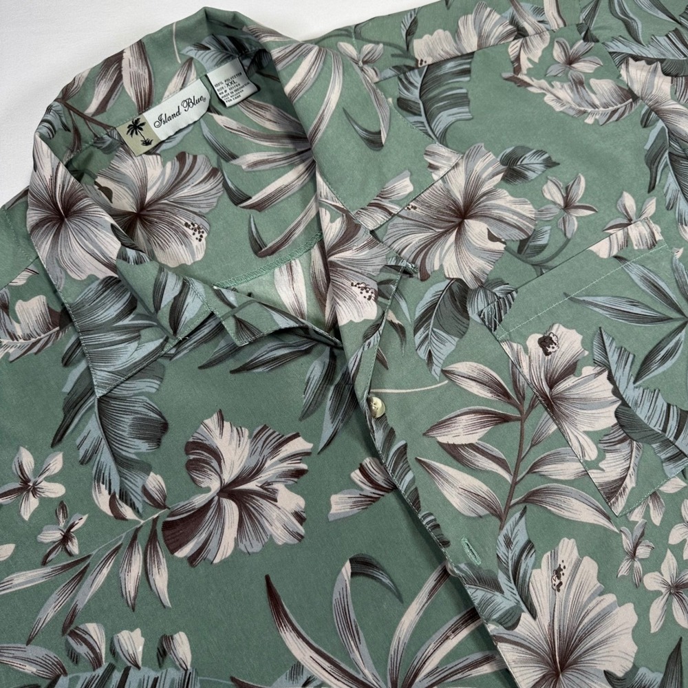 Island Blue Button Down Shirt Men's XXL Green Floral Hibiscus Tropical Camp S/S